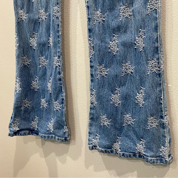 Vintage Flare Denim Midrise Jeans with Allover Embroidery Print Blue Medium Wash - Picture 6 of 7